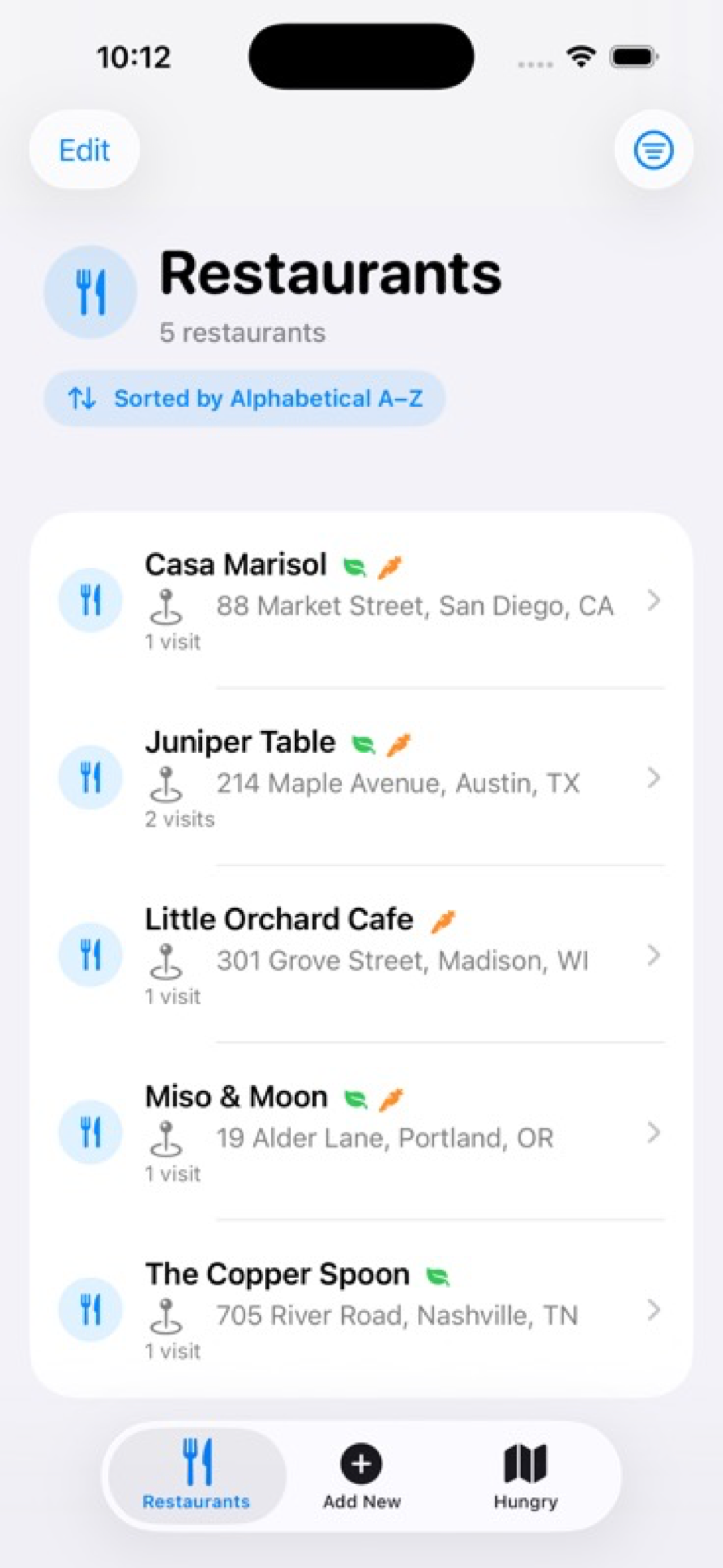Dish Diary restaurants screen