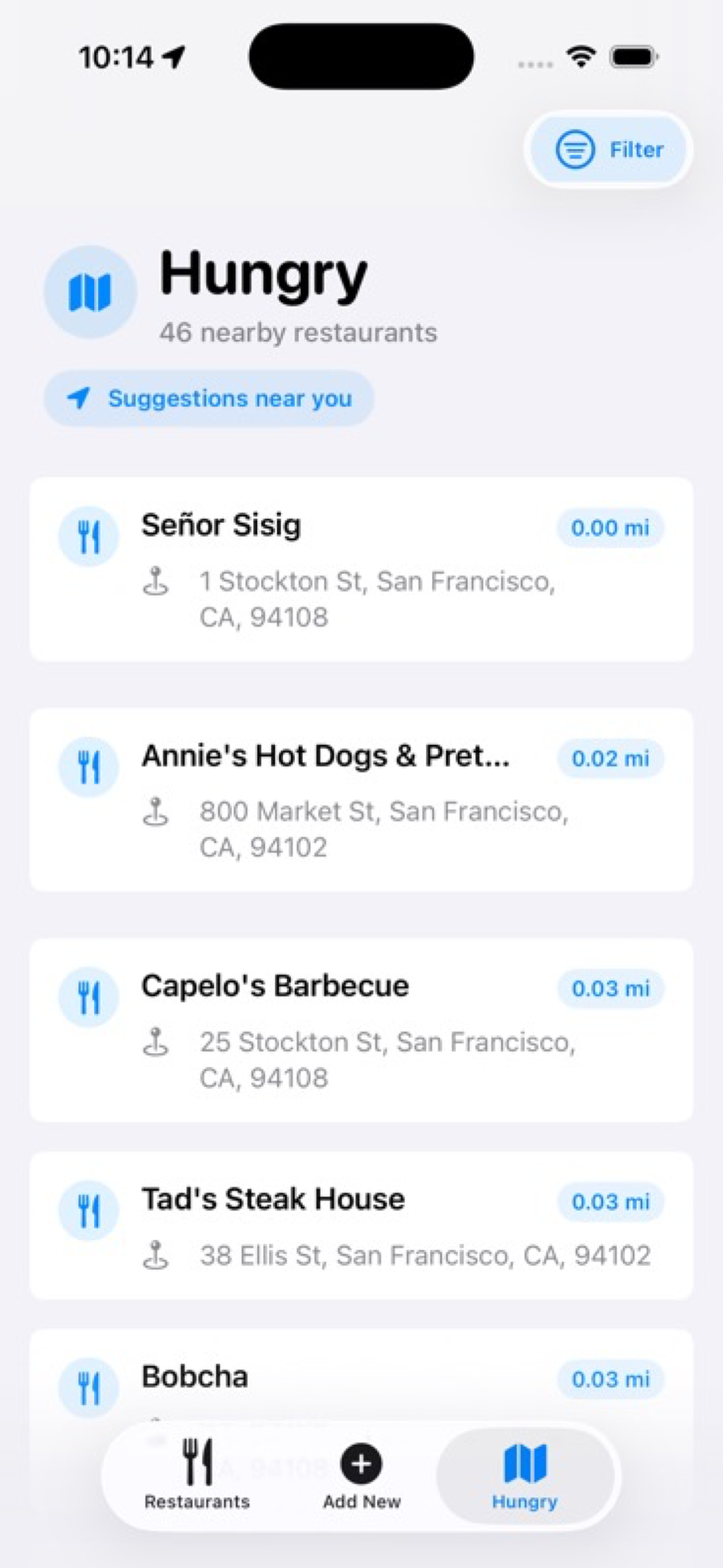 Dish Diary hungry nearby screen